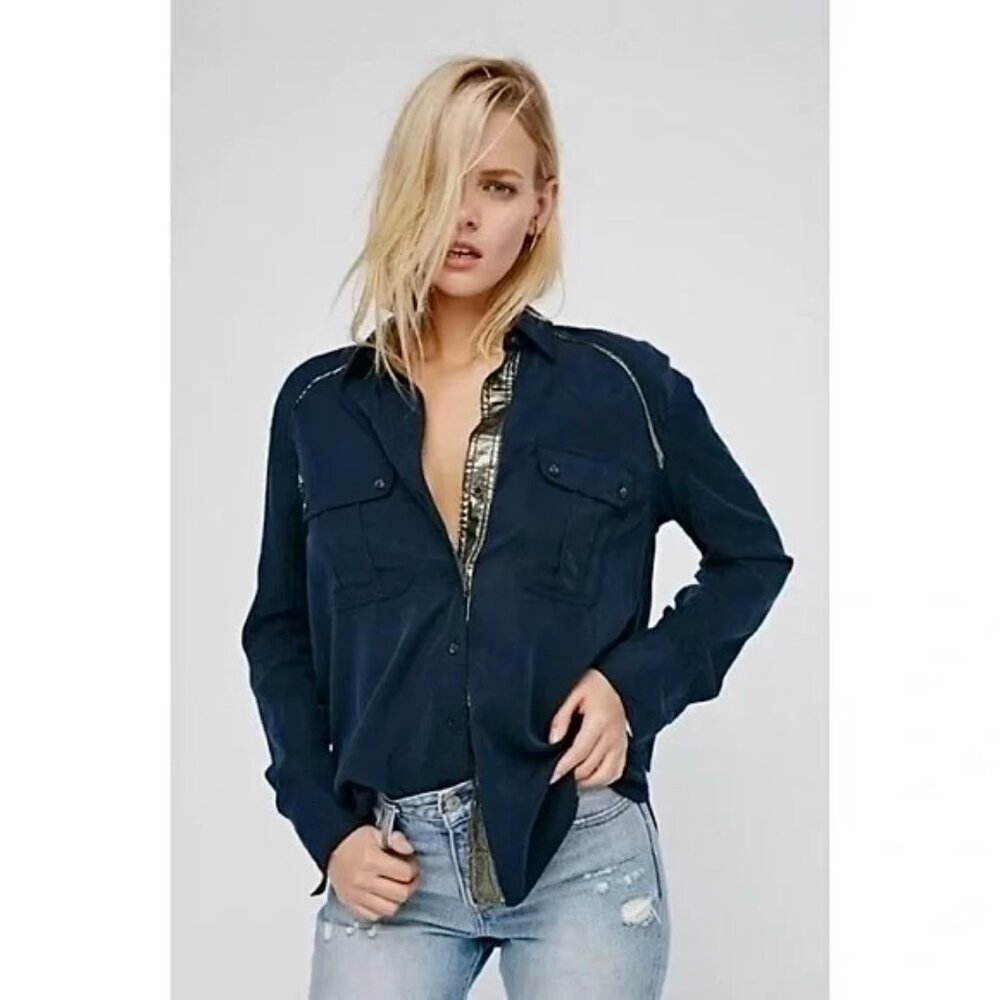 Free People Off Campus Navy Blue Metallic Button Down Shirt